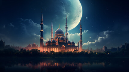 Naklejka premium Islamic poster Ramadan mosque moon