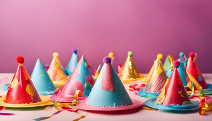 Colorful birthday party background with birthday cake and party hats