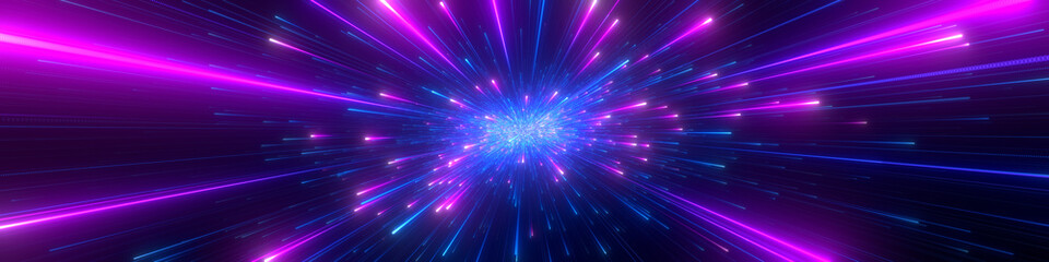Abstract background in blue and purple neon glow colors. Speed of light in galaxy. Explosion in universe. Cosmic background for event, party, carnival, celebration, anniversary or other. 3D rendering.