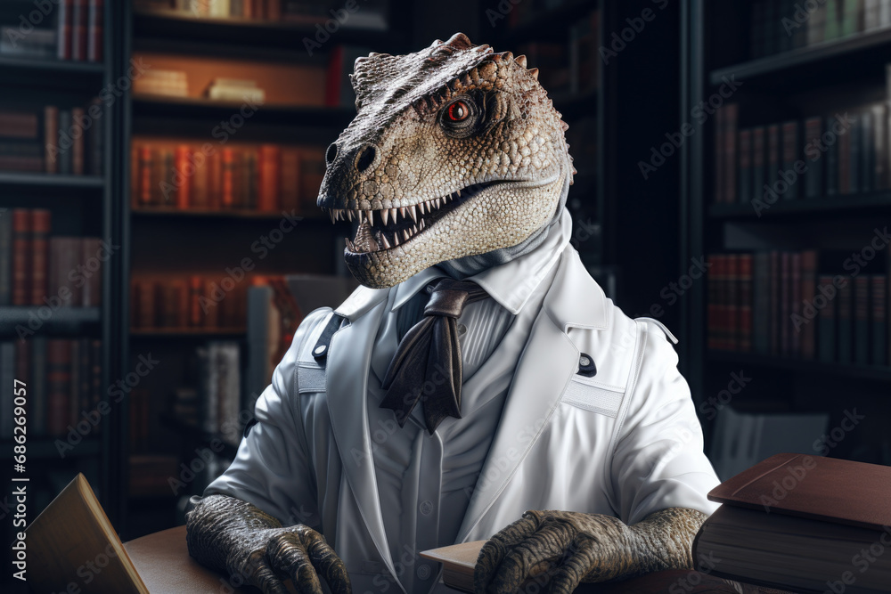 Poster a t-rex wearing a lab coat is holding a book. this image can be used to represent intelligence, know