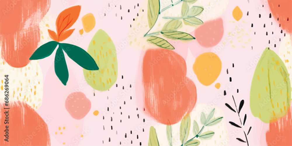 Poster vector seamless pattern with hand draw illustration of leaves, berry and flower with abstract shape 