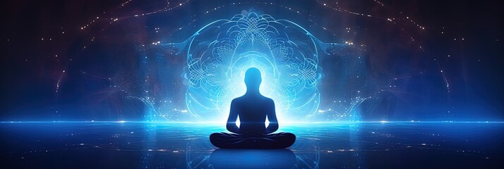 yoga lotus pose with blue neural connection lines and glowing dots. Binary Mindfulness background. - obrazy, fototapety, plakaty