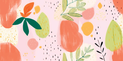 Vector seamless pattern with hand draw illustration of leaves, berry and flower with abstract shape and dots. Colourful scndinavian repeat background.