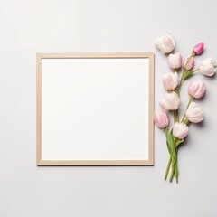 Top View of Empty Photo Frame and Beautiful Flowers on Light Gray Background