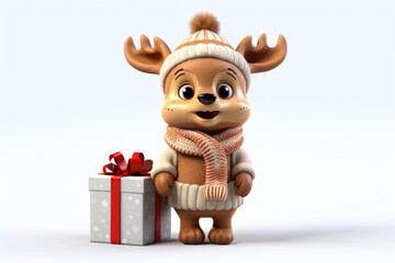 Obraz premium A cute cartoon reindeer holding a gift. Perfect for holiday and Christmas-themed designs.