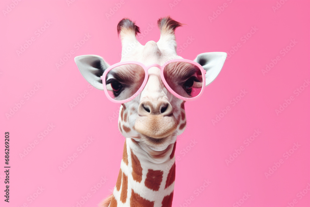 Aufkleber A picture of a giraffe wearing sunglasses on a vibrant pink background. This image can be used to add a fun and playful touch to various designs and projects.