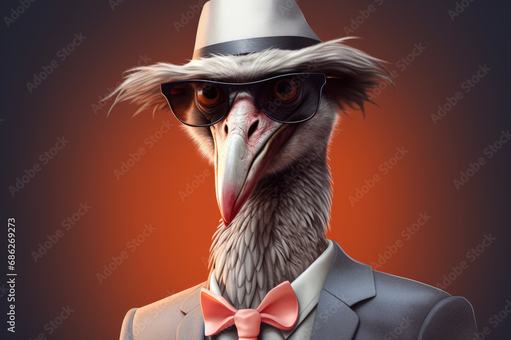 Poster an ostrich dressed in a suit and wearing a hat. this image can be used for humorous or quirky themes