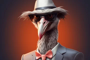 Fotobehang An ostrich dressed in a suit and wearing a hat. This image can be used for humorous or quirky themes. © Fotograf