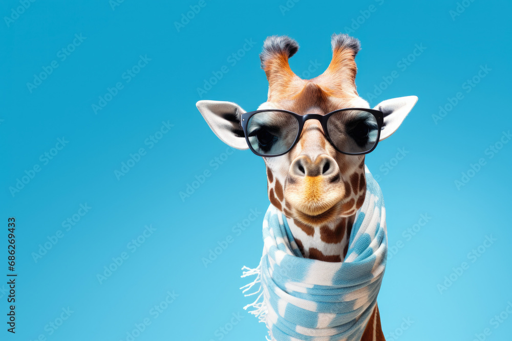 Poster a picture of a stylish giraffe wearing sunglasses and a scarf. this image can be used to add a fun a