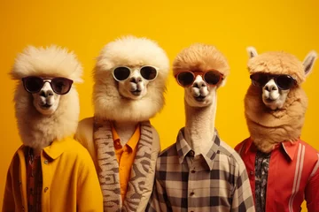 Foto op Plexiglas A group of llamas wearing sunglasses posing on a vibrant yellow background. Perfect for adding a touch of fun and humor to your designs. © Fotograf