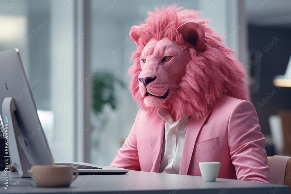 Poster a man wearing a pink lion mask sitting in front of a computer. this image can be used to represent c