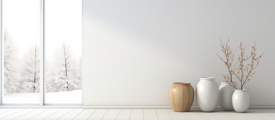 Empty white Scandinavian room with vases on wooden floor large wall and white landscape visible...