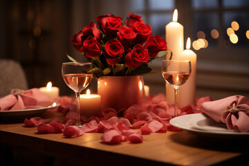Romantic dinner table setting featuring white plates, pink napkins, wine glasses, lit candles, and red roses in a copper vase.