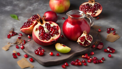 Rosh Hashanah. Pomegranate, apples and honey traditional products for celebration