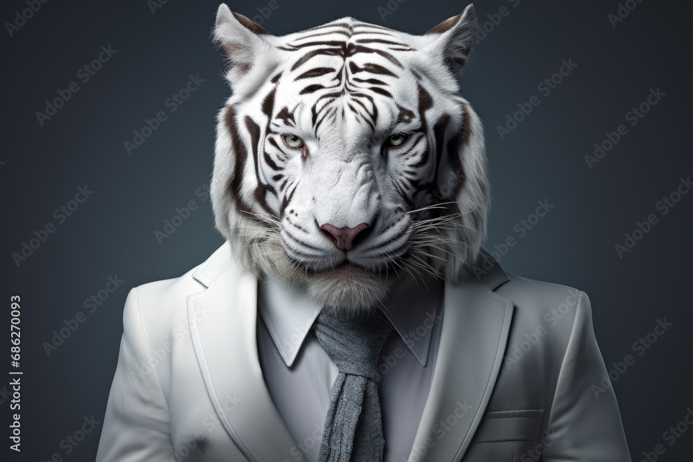 Poster a white tiger dressed in a suit and tie, ready for a formal occasion. this image can be used to depi