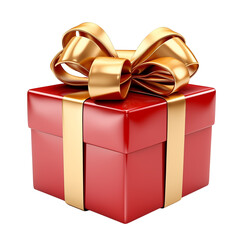 Obraz premium A Christmas gift in red decorative paper wrapped with a gold ribbon with a bow.