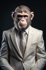 Obraz premium A monkey wearing a formal suit and tie, suitable for business or corporate themes.
