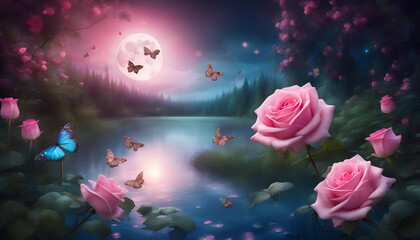 Fantasy magical enchanted fairy tale landscape with forest lake,