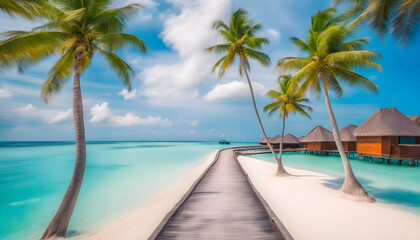 Beautiful tropical Maldives island with beach , sea , and coconut palm tree