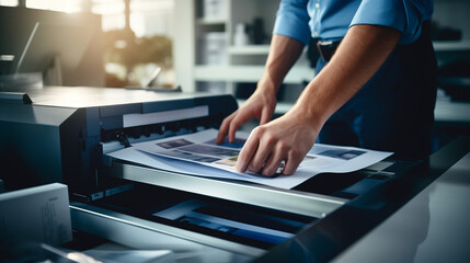 Man at office working and printing documents with warm natural lighting. Close up of hands and printer.