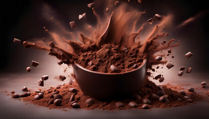 Cocoa powder with chocolate pieces and curls explosion on black backgrounds