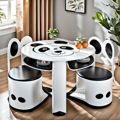 playful childrens table set with panda paw shaped chairs, interior of a room, childrens table set