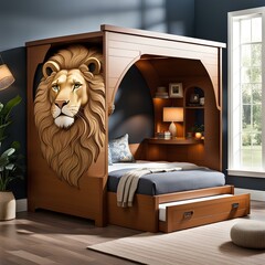charming bedroom with a lion den shaped bunk bed frame made from soft foam, beautiful bedroom,...