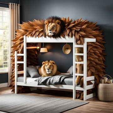 charming bedroom with a lion den shaped bunk bed frame made from soft foam, beautiful bedroom, modern living room with a lion den shaped bunk bed