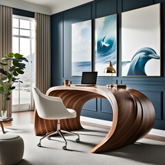 modern study space with an ocean wave desk made from polished wood, modern study space, ocean wave desk, polished wood furniture