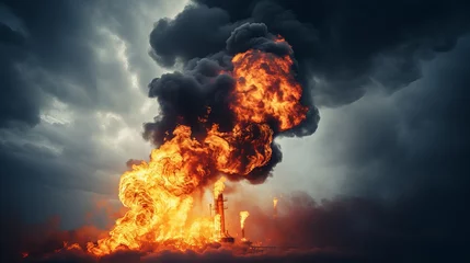 Foto op Aluminium The end of oil reserves is reached when oil production pipes on planet Earth are polluted with smoke and a drop of oil. © Elchin Abilov