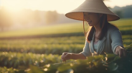 Female worker picking tea leaves on green plantation. Woman work on Tea farm harvest. Farmers collecting tea. Rural women workers plucking tender tea shoots. - obrazy, fototapety, plakaty
