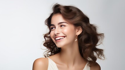 A charming expensive gift is given to a coquettish attractive happy girlfriend who smiles joyfully and clasps hands near her jawline in a flirty feminine pose while standing in white background. - obrazy, fototapety, plakaty