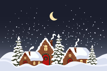 Winter landscape with cute houses and night sky with moon. Merry Christmas greeting card template. Illustration in flat style. Vector