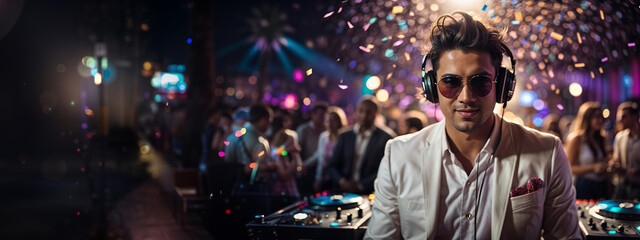 Dj in the club at a party, new year's eve, event, panoramic background baner or header with...