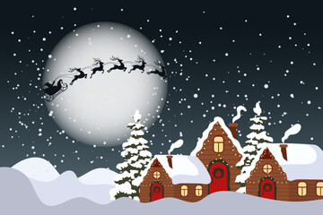 Winter landscape with cute houses, Santa on his sleigh with reindeers and the night sky. Merry Christmas greeting card template. Illustration in flat style. Vector