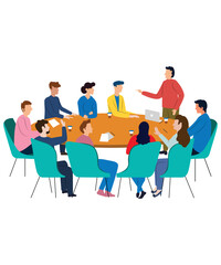 Flat Art Working Icons Of Corporate Employee In Business Meeting