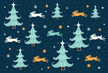 Christmas and New Year pattern with fir trees, bunnies and snow. Festive pattern in vector, flat style.