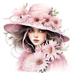 Naklejka premium Renaissance inspired Watercolor Clipart Pink Daisy Floral Lady with Vintage Hat