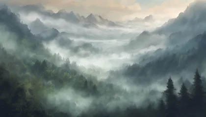 Fotobehang Beautiful View of Misty Mountain Forest Landscape Wallpaper Background © Nouzen