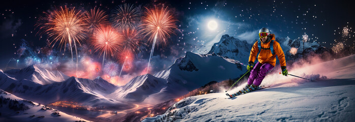 New year's eve banner in the mountains with man skiing on the slope, fireworks and snow for resort, hotel, party, event. Generative AI.