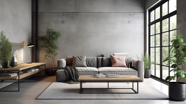 Interior modern living room with sofa, plant, lamp. Generative Ai