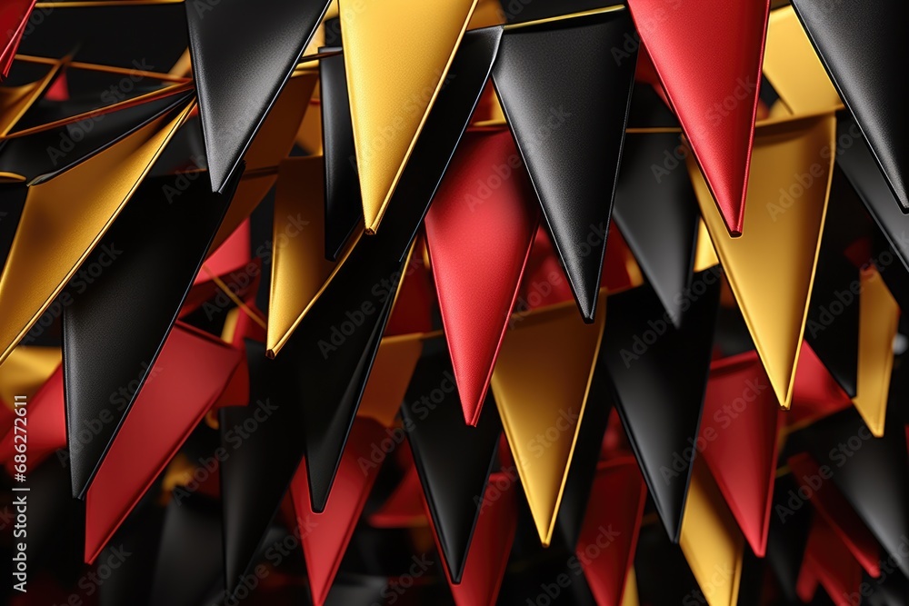 Poster A cluster of red and yellow triangles hanging from the ceiling. Perfect for adding a vibrant touch to any space