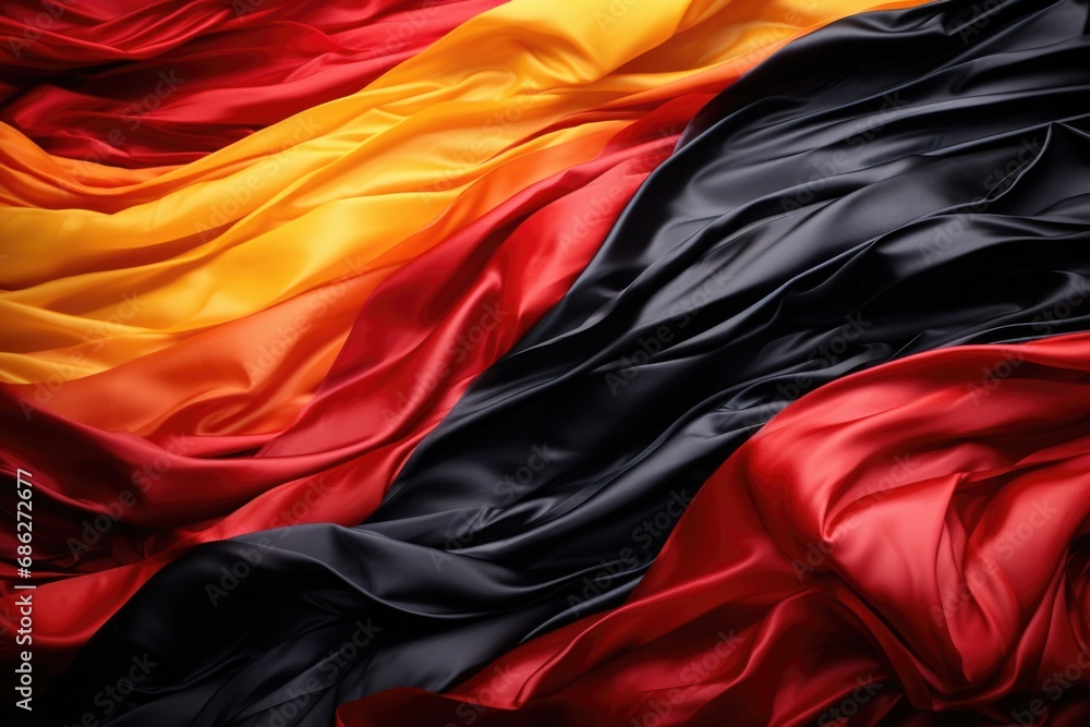 Poster a detailed close-up of a fabric in vibrant red, yellow, and black colors. this versatile image can b