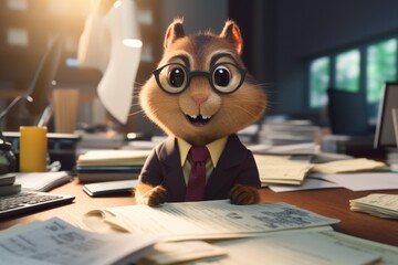 A cartoon squirrel wearing glasses sits at a desk. This image can be used to represent...