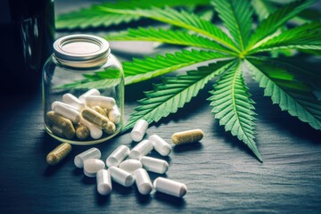 A jar with medical marijuana and pills