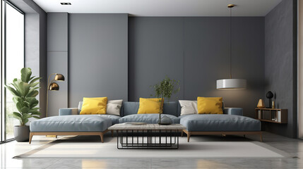 Modern interior of living room with gray sofa, home design 3d rendering. Generative Ai