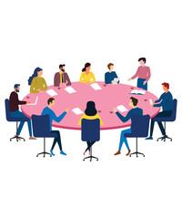 Flat Art Working Icons Of Corporate Employee Having Business Meeting