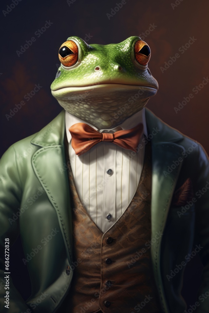 Poster A frog dressed in a suit and bow tie. Perfect for adding a touch of whimsy to any project or design.