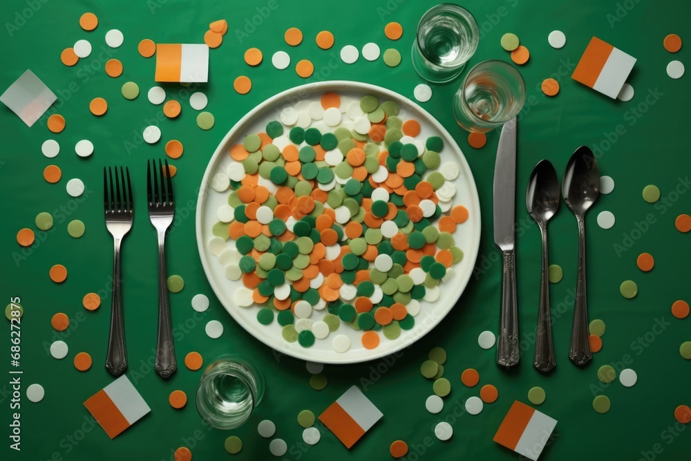 Poster a plate filled with colorful confetti is placed on a vibrant green table. this image can be used to 