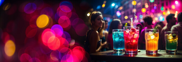 Drinks in the club with people and colorful bokeh ligths, party, event, new year celebartion with...